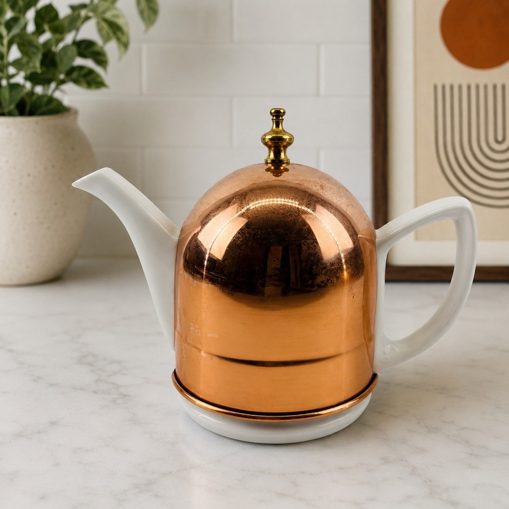Vintage Copper Insulated Teapot White Ceramic Mid Century Tea Pot
